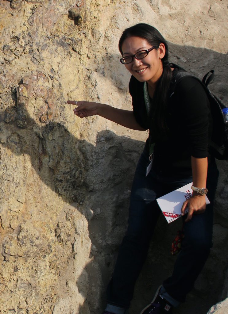 貴重なセコイアの珪化木と一緒に写真をとる様子